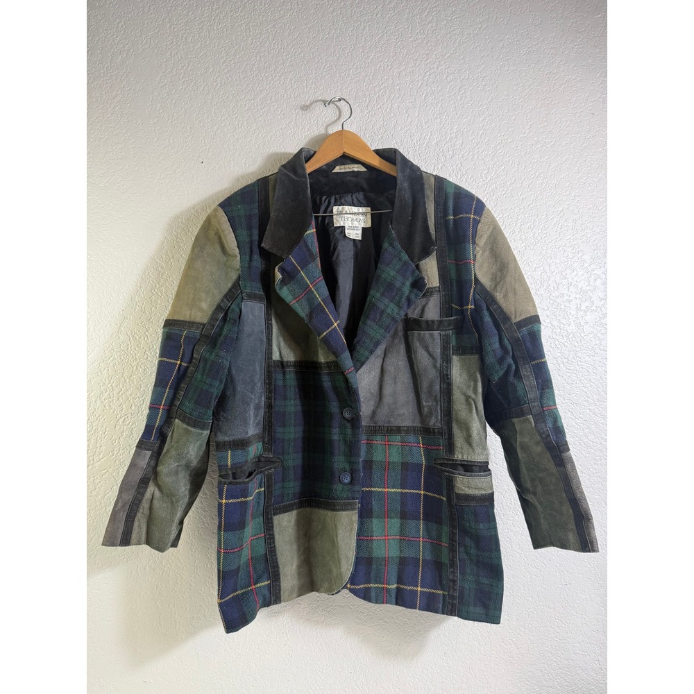 Brandon Thomas Vintage Patchwork Plaid Suede Leather Blazer Jacket Green 22W